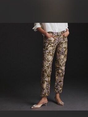Anthropologie Patterned Straight-Leg Trousers in Olive & Lavender